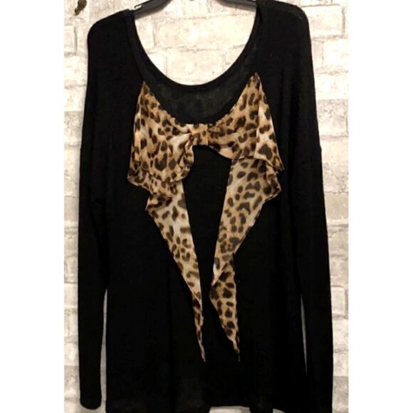 Women's Black Knit Sweater With Animal Print Bow by Moa Moa EUC - Picture 1 of 10